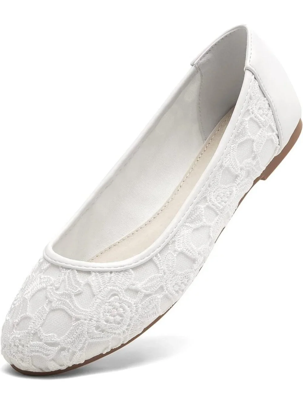 Women's White Lining Lace Ballerina Flats Round Toe Slip on Casual Floral Shoes